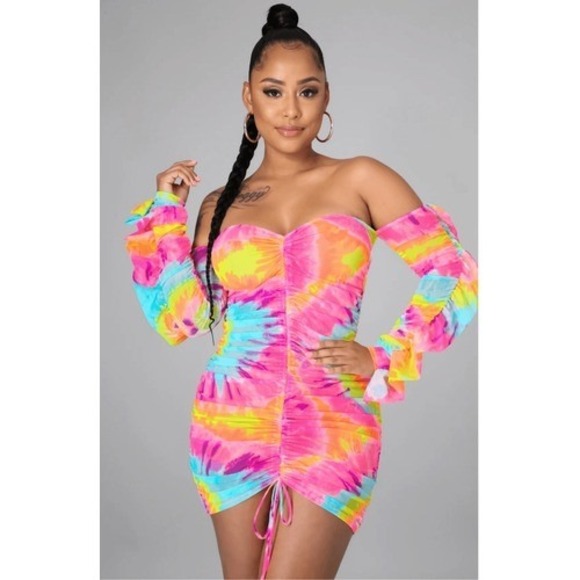 Bodycon Tie Dye Off Shoulder Mini Dress Size L Rainbow Mardi Gras - Picture 10 of 16